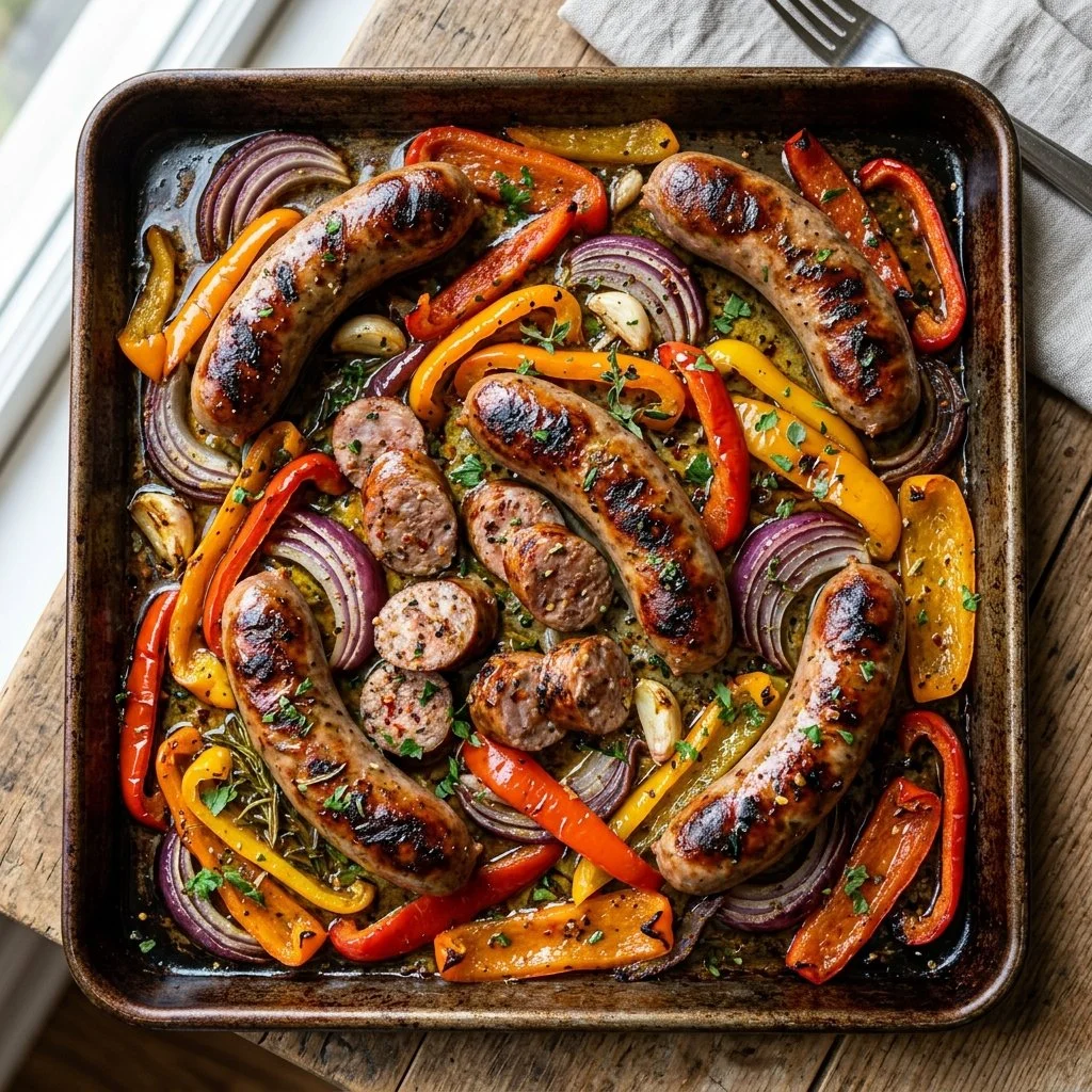 Delicious Sheet Pan Sausage and Peppers ready to serve