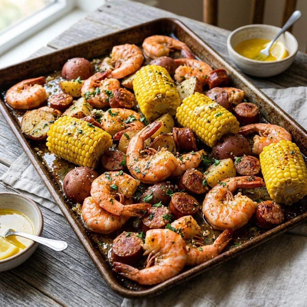 Sheet pan shrimp boil with seasonings and vegetables ready to serve.