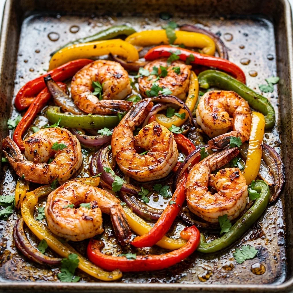 Delicious sheet pan shrimp fajitas with colorful veggies and spices.