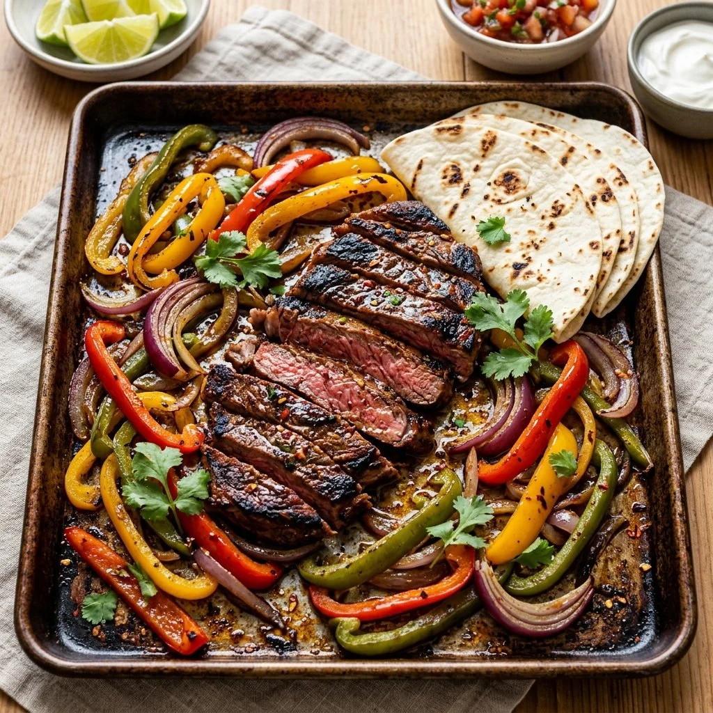 Sheet pan steak fajitas with peppers and onions, served on a table.