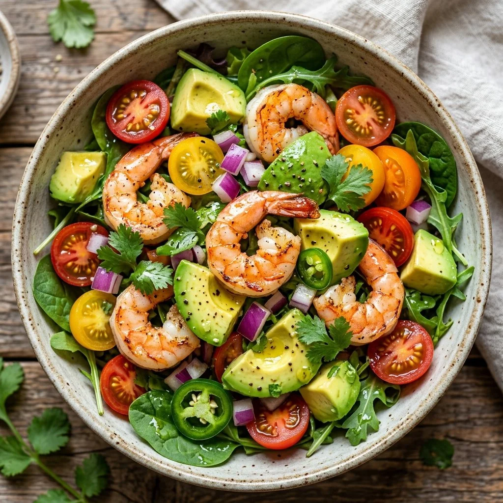 Shrimp avocado salad with fresh ingredients served in a bowl