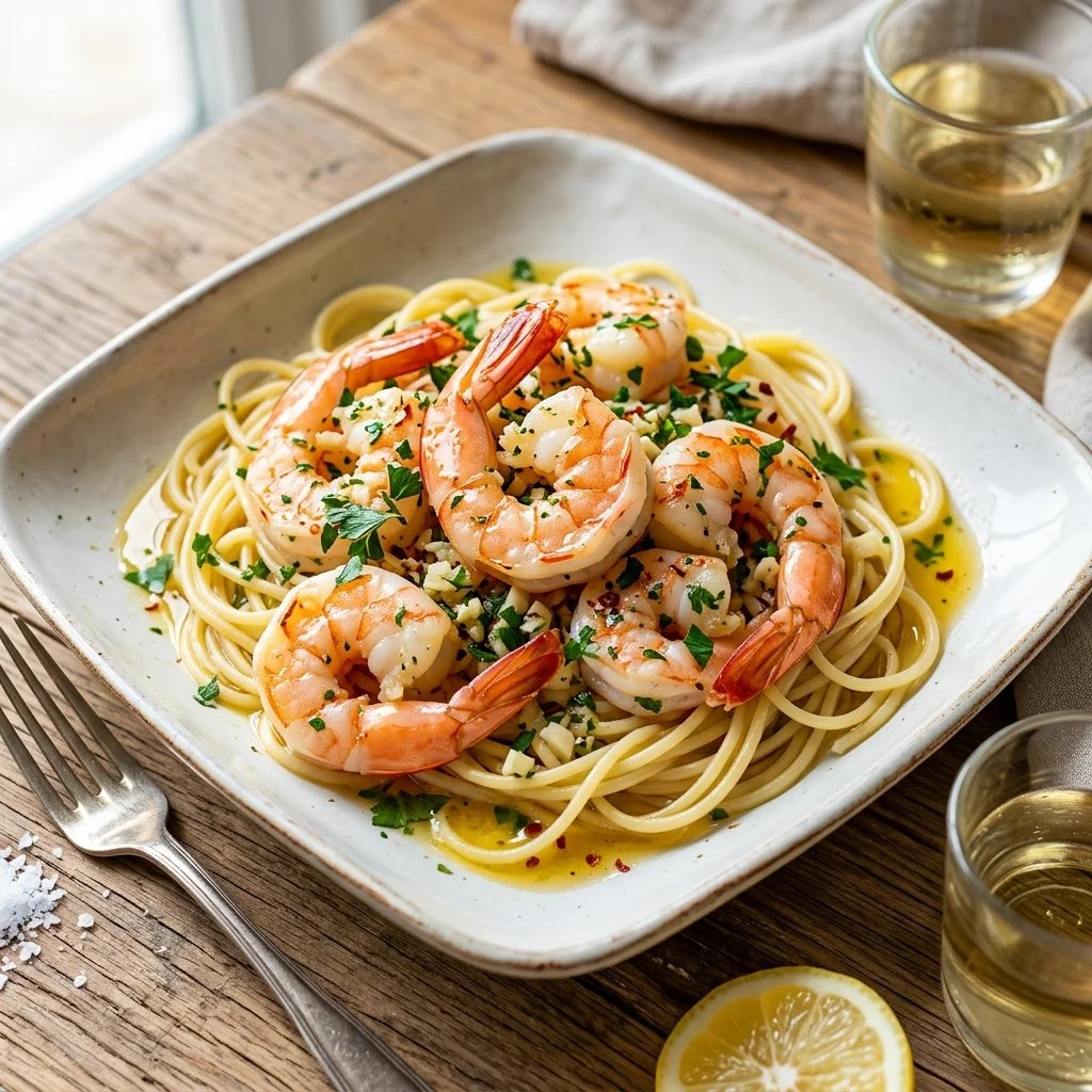 Plate of shrimp scampi served with garlic butter and parsley