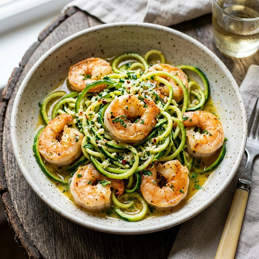 Shrimp Scampi Zoodles dish garnished with herbs and lemon.