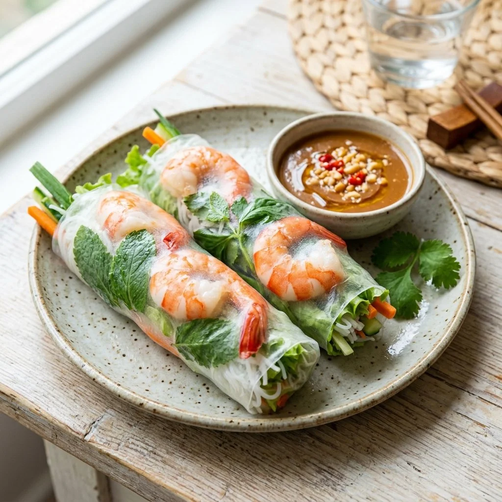 Delicious shrimp summer rolls with fresh vegetables and herbs