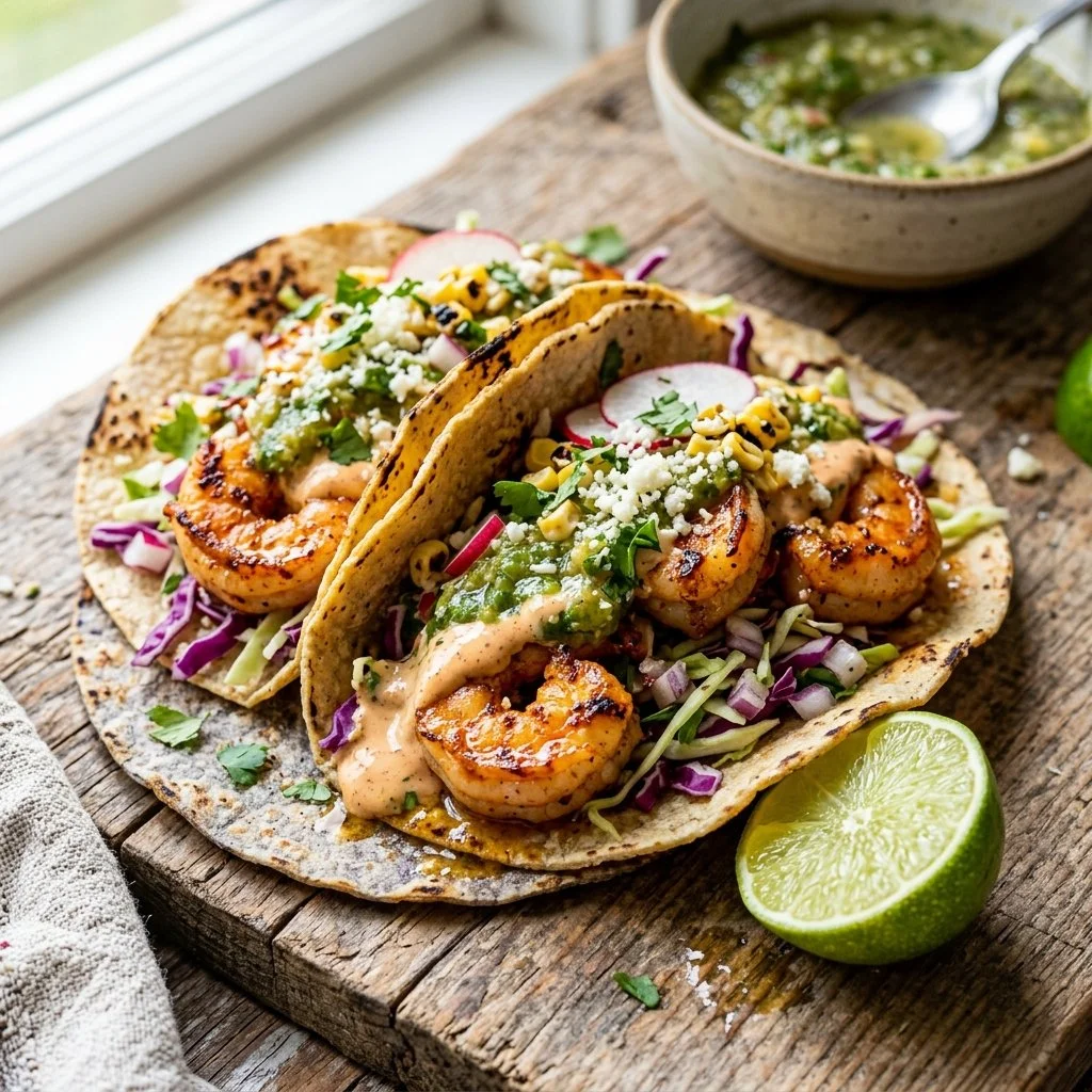 Delicious shrimp tacos with fresh toppings and vibrant colors on a plate