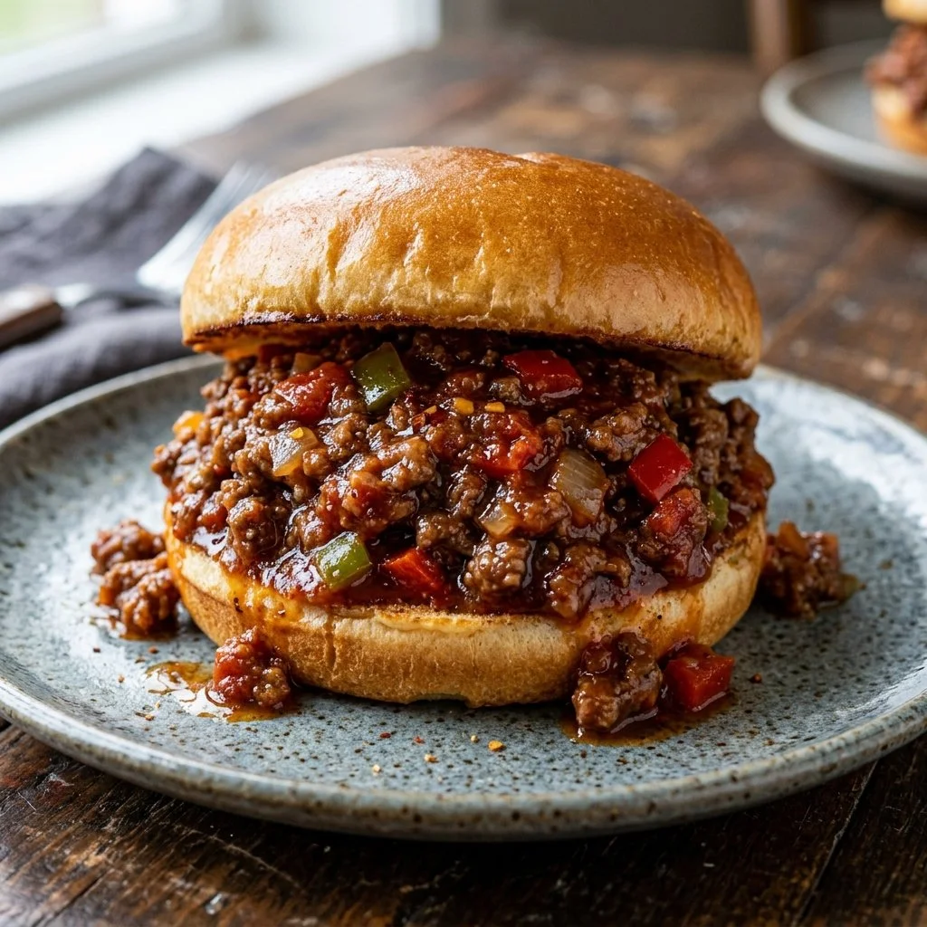Delicious homemade Sloppy Joes served on a plate with toppings.