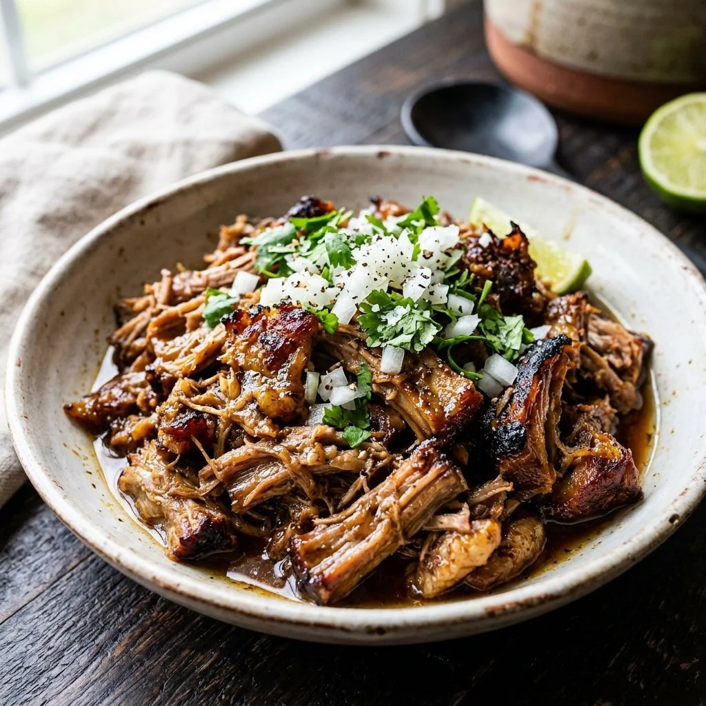 Slow cooker carnitas served in tacos with fresh toppings