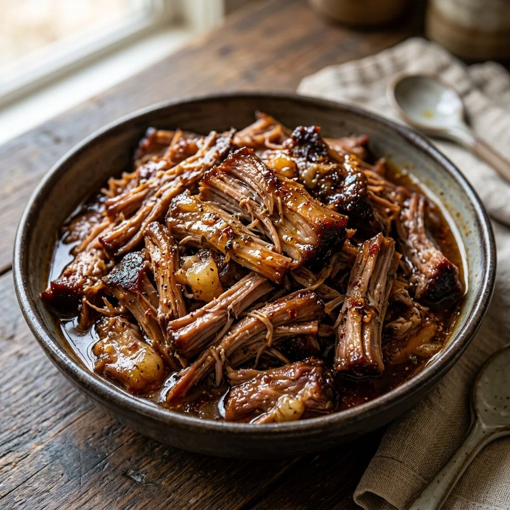 Delicious slow cooker pulled pork served in a sandwich with coleslaw.