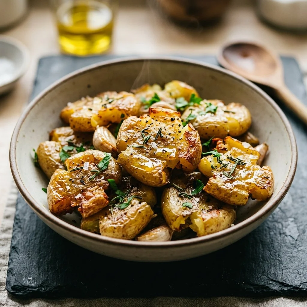 Crispy smashed fingerling potatoes garnished with herbs and spices