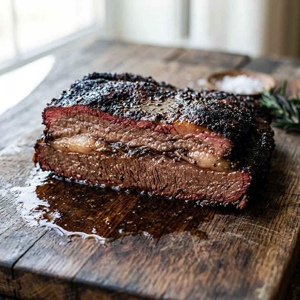 Smoked beef brisket served with BBQ sauce and sides