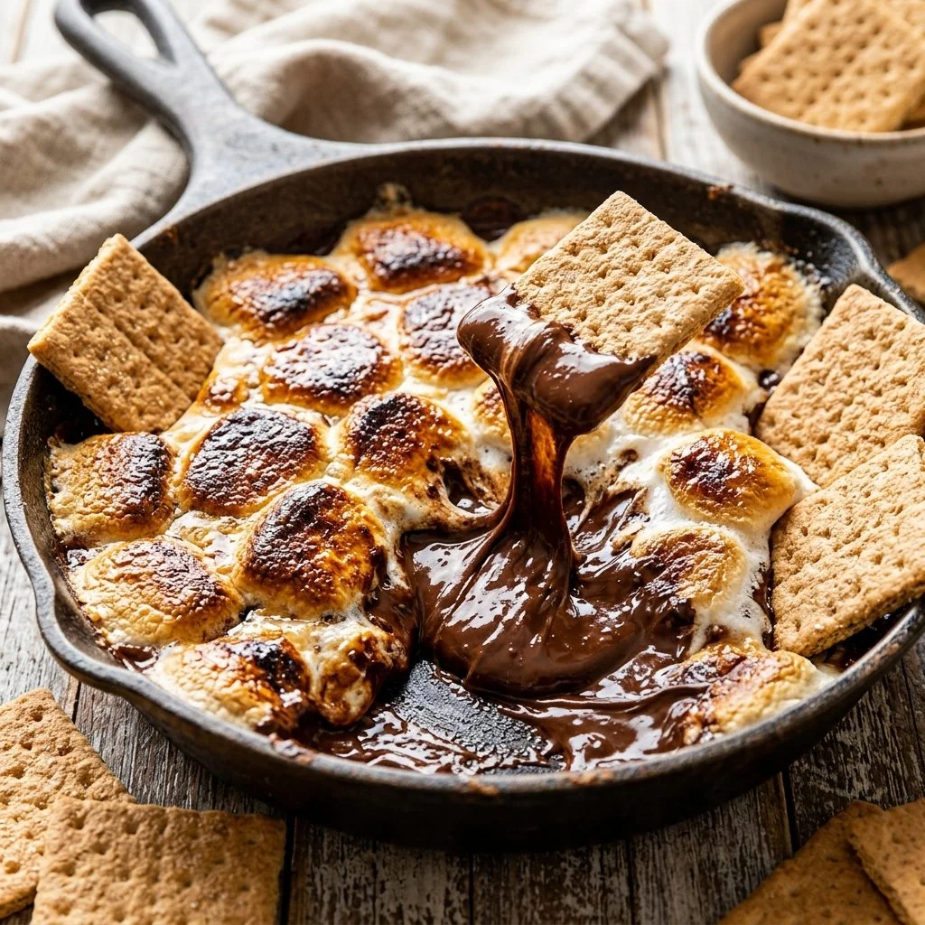 Delicious S'mores Dip served in a skillet with graham crackers and chocolate