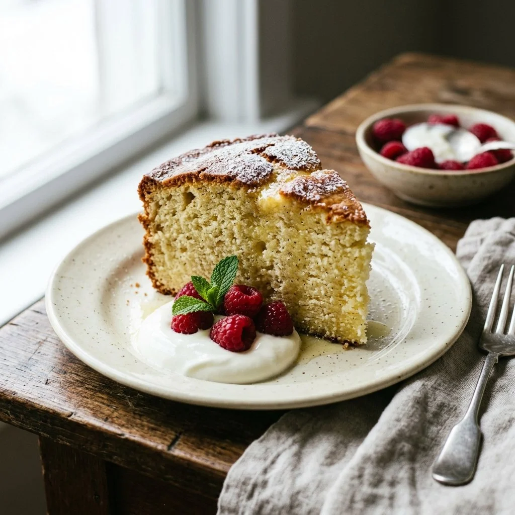 Delicious sour cream pound cake on a plate with a slice cut out