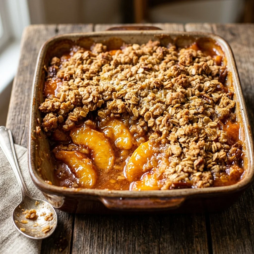 Delicious Southern peach crisp topped with a golden, buttery crumble.