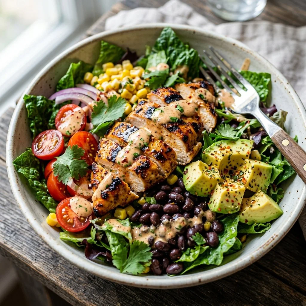 Bowl of Southwest Chicken Salad with vibrant ingredients and fresh toppings