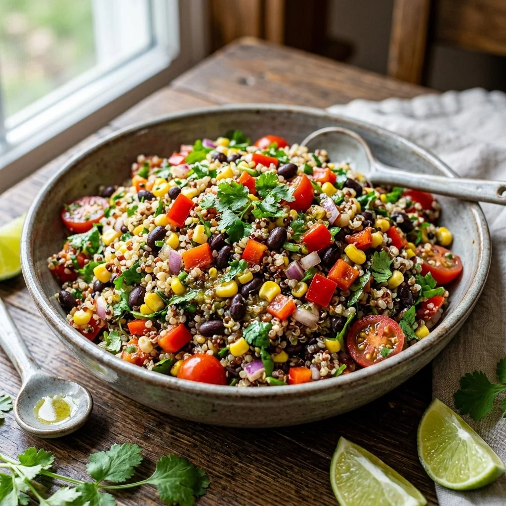 Bowl of colorful Southwest Quinoa Salad with beans, corn, and avocado