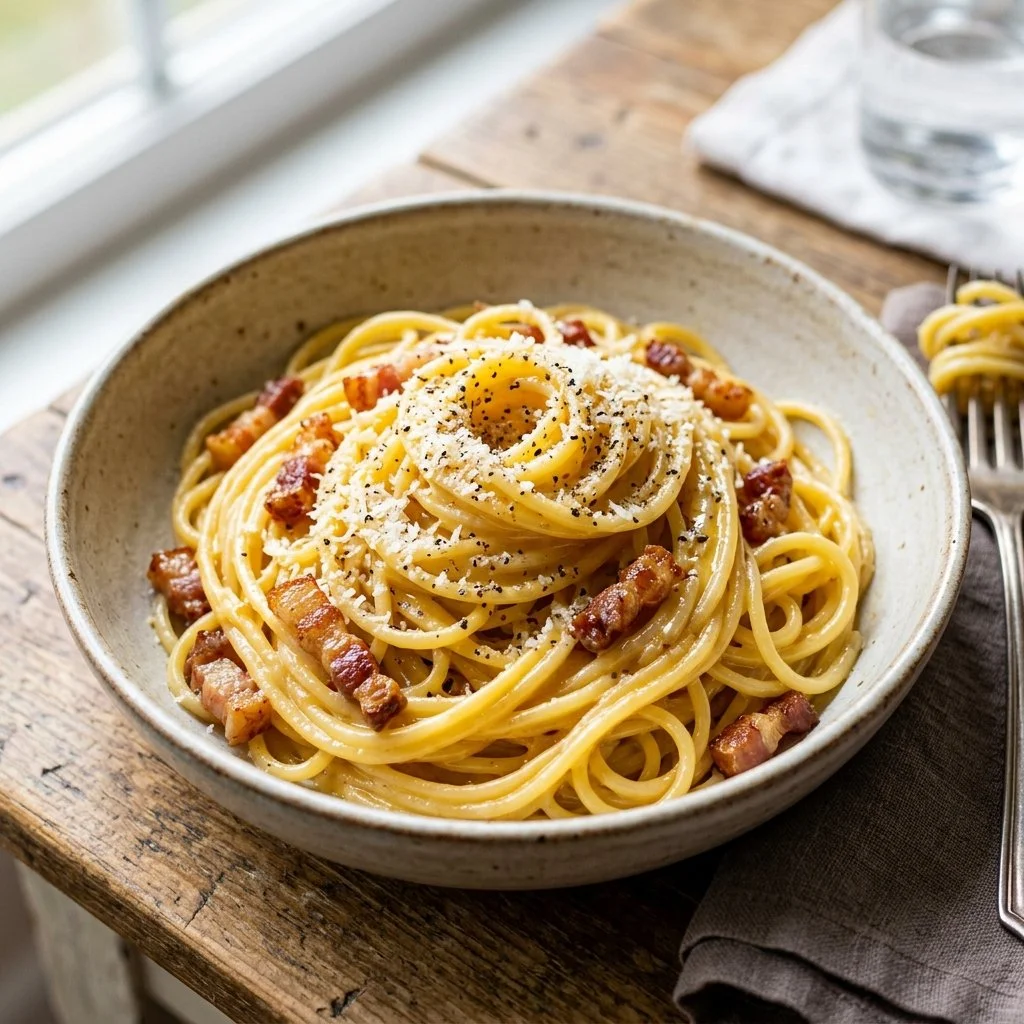 Delicious Spaghetti Carbonara with creamy sauce, pancetta, and cheese.