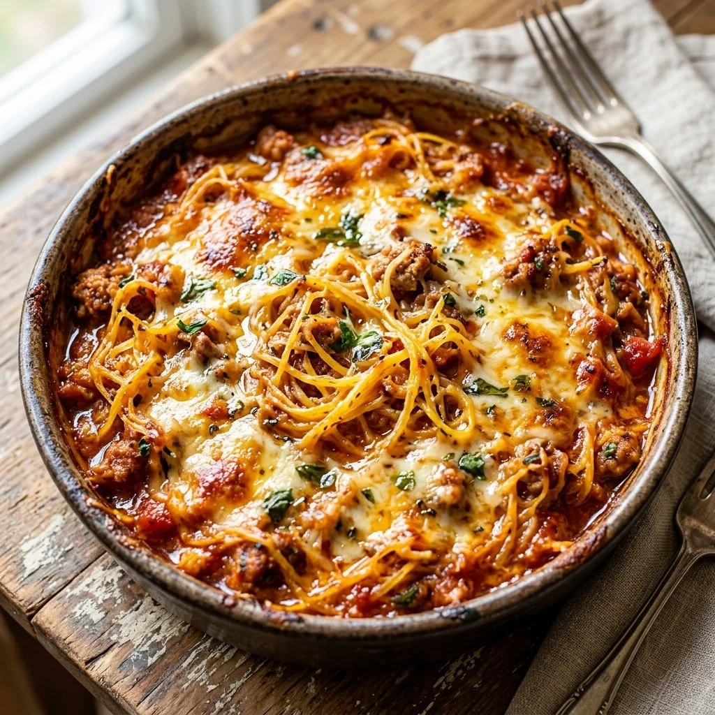 Delicious spaghetti squash casserole topped with cheese and herbs.