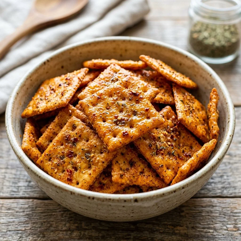 Delicious Spicy Ranch Crackers served in a bowl
