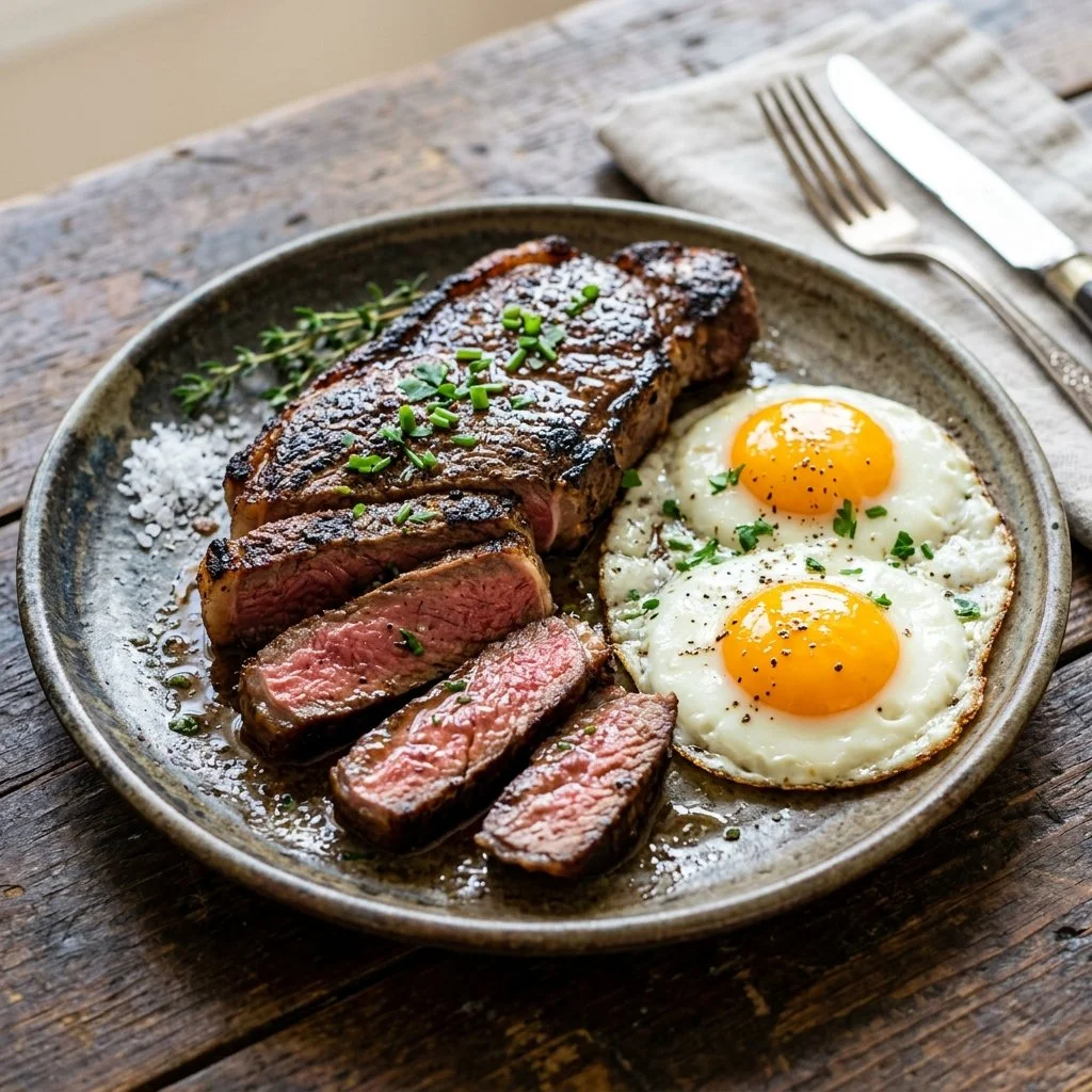 Delicious steak and eggs served on a plate for a hearty breakfast