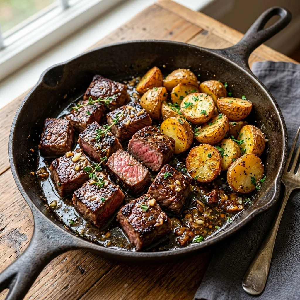 Delicious Steak and Potato Skillet served hot in a cast iron pan