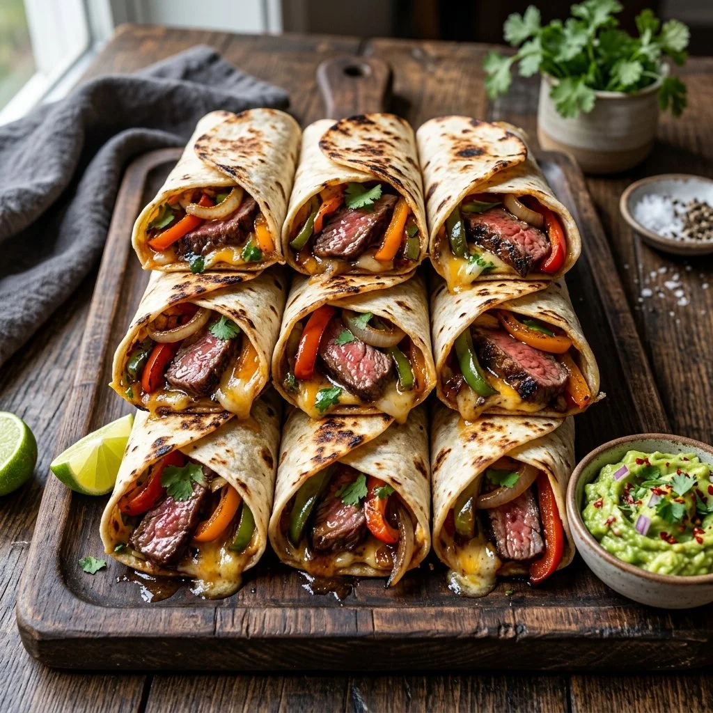 Plated steak fajita roll ups with colorful vegetables and dipping sauce.