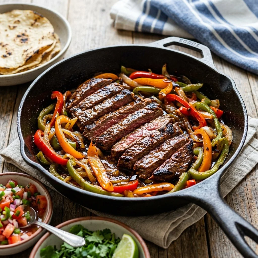 Delicious steak fajitas served with grilled peppers and onions