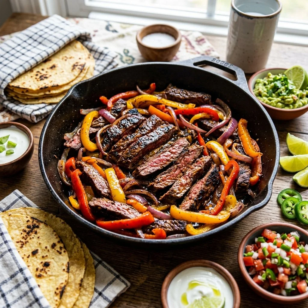 Delicious steak fajitas served with colorful peppers and onions on a plate