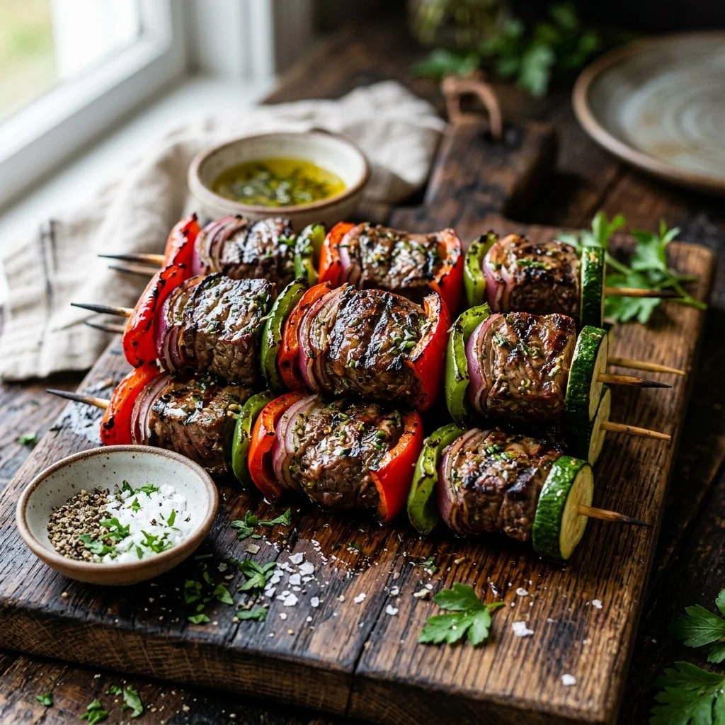 Grilled steak kabobs with colorful vegetables on skewers