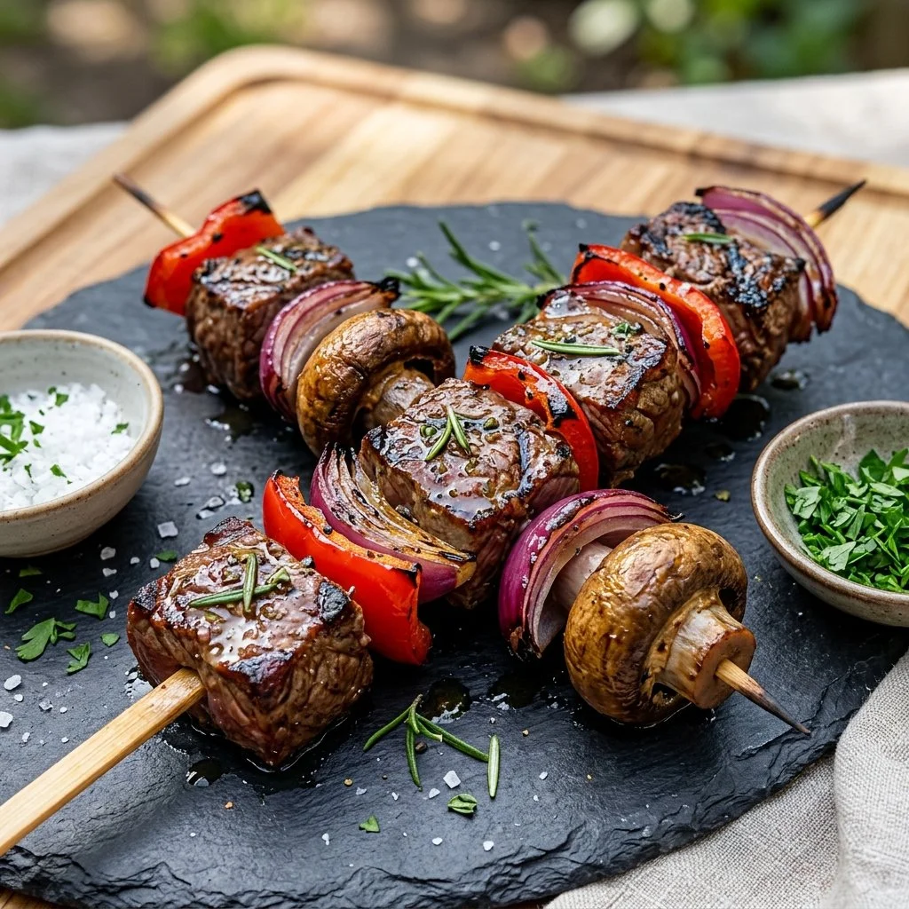 Delicious steak kabobs on a grill with colorful vegetables