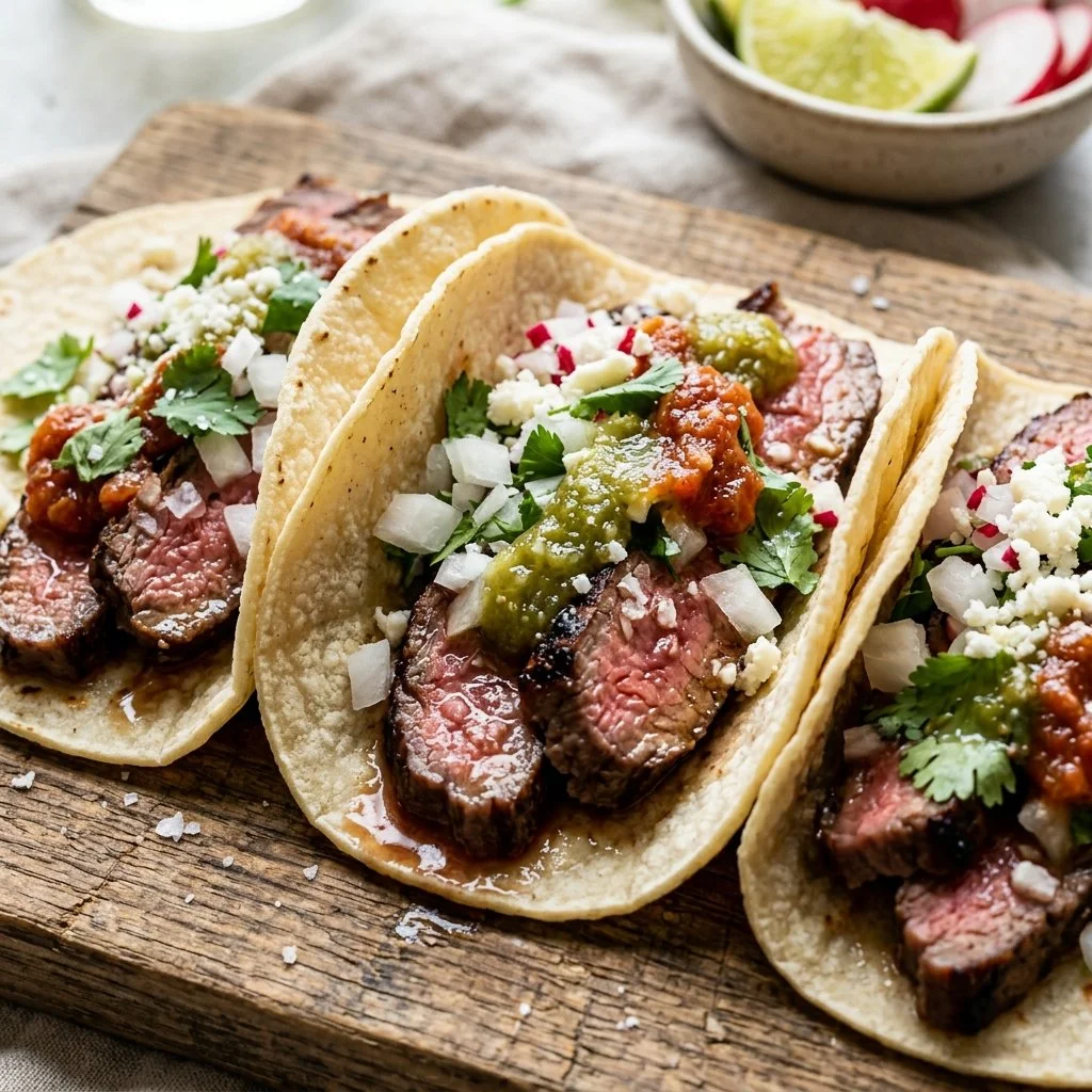 Delicious steak tacos garnished with fresh toppings and served on a plate