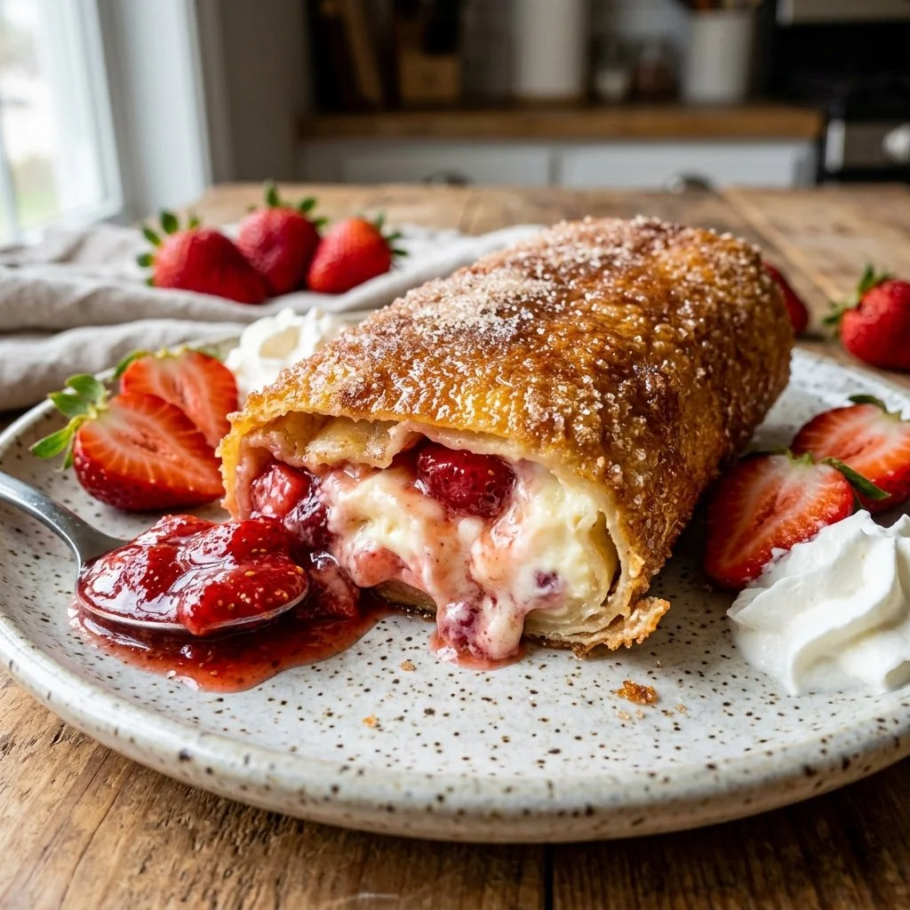 Strawberry cheesecake chimichangas drizzled with sauce and topped with fresh strawberries