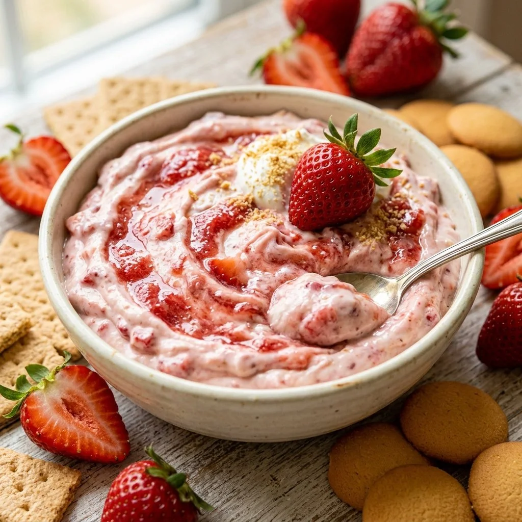 Delicious strawberry cheesecake dip served in a bowl with fresh strawberries.