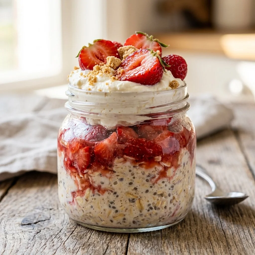Strawberry cheesecake overnight oats topped with fresh strawberries and cheesecake crumble