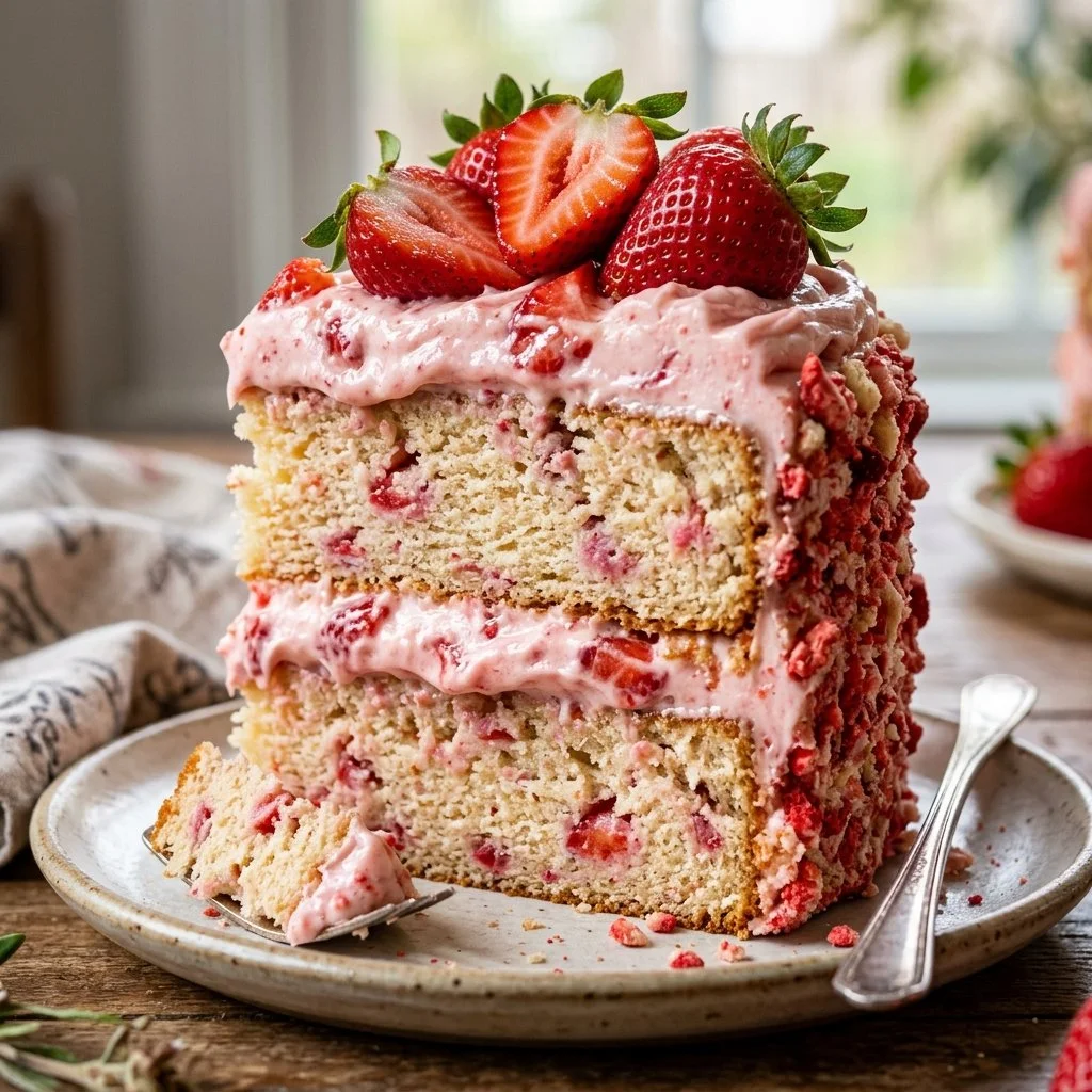 Deliciously layered Strawberry Crunch Cake with fresh strawberries and crunchy topping
