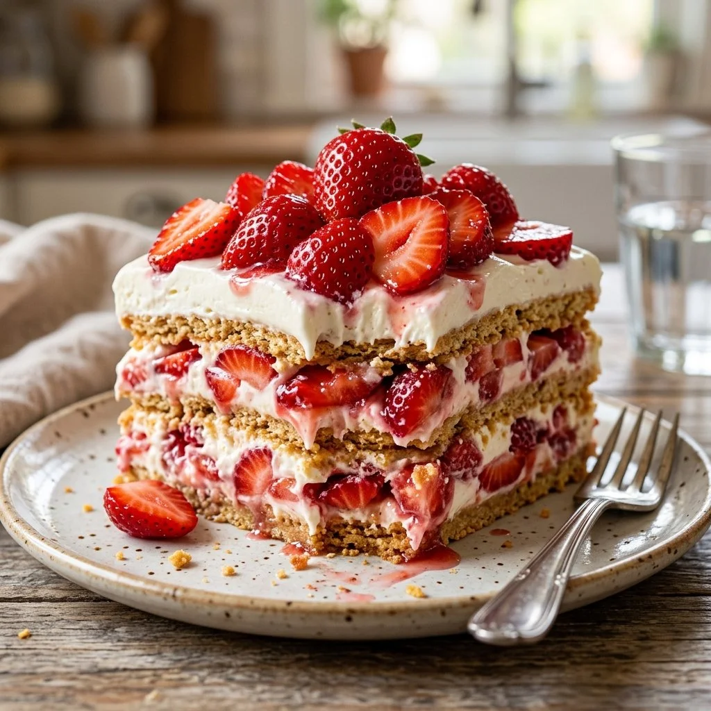 Delicious Strawberry Icebox Cake garnished with fresh strawberries