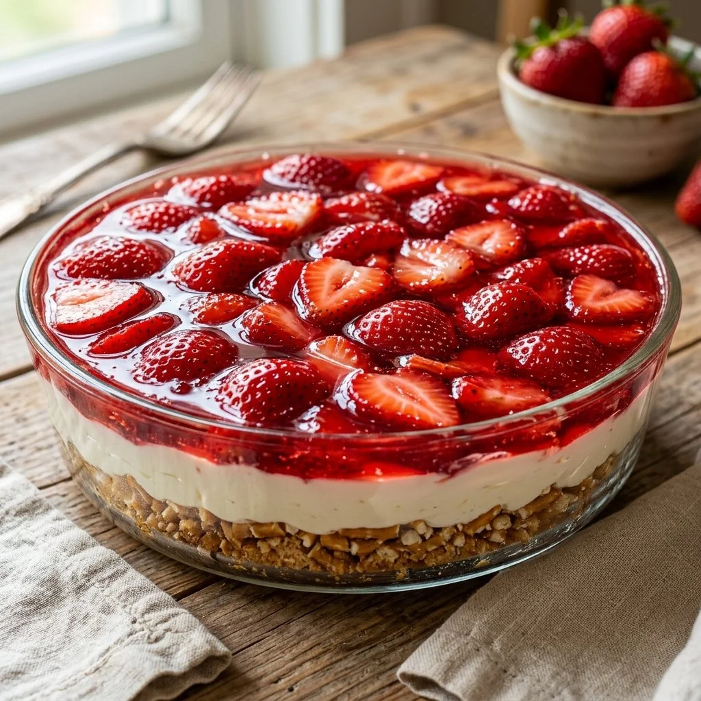Delicious Strawberry Pretzel Salad with layers of strawberries, pretzel crust, and creamy filling.