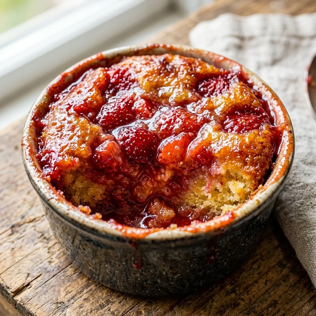 Delicious Strawberry Spoon Cake topped with fresh strawberries