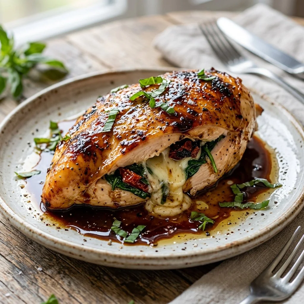 Stuffed Balsamic Chicken with herbs and cheese, garnished for presentation