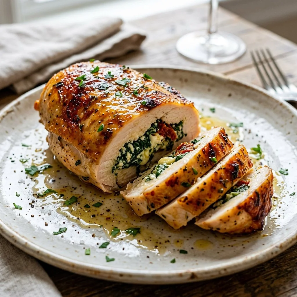 Delicious stuffed chicken breast with herbs and cheese displayed on a plate.