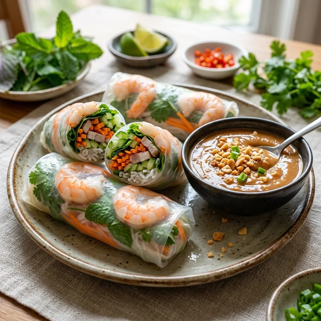 Delicious summer rolls served with a creamy peanut sauce