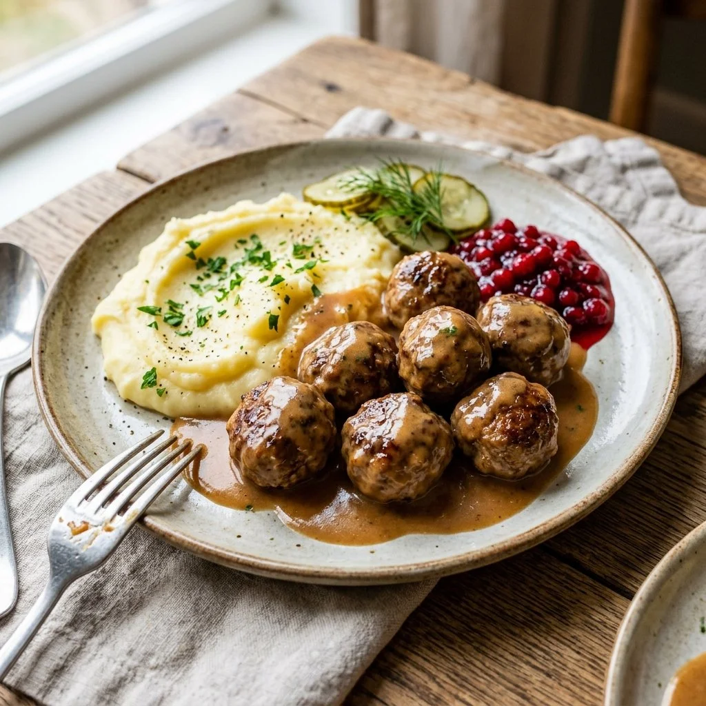 Delicious Swedish Meatballs served with creamy sauce on a plate