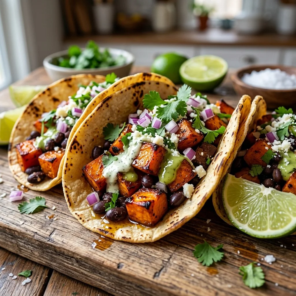Colorful Sweet Potato Black Bean Tacos served on a plate with toppings