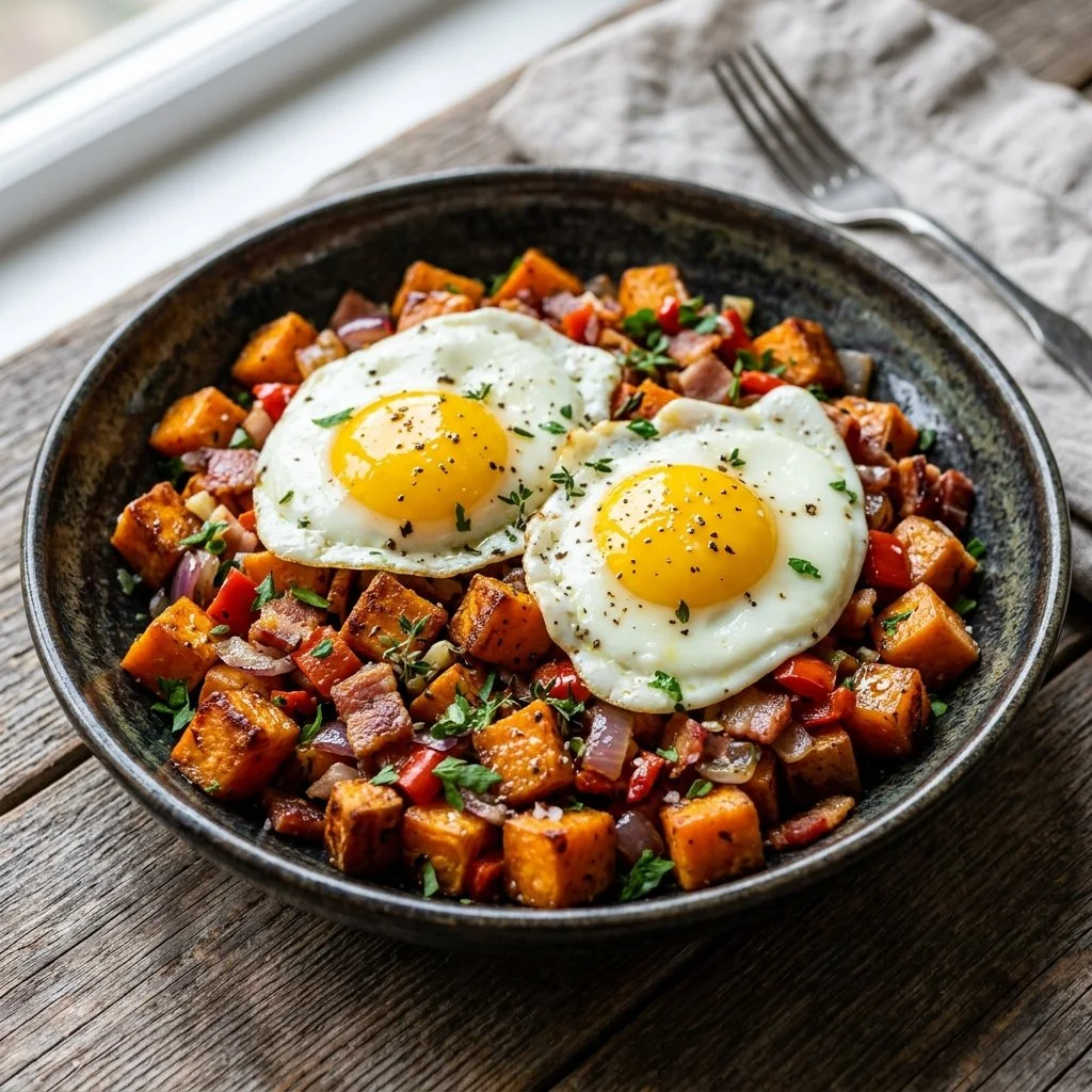 Colorful Sweet Potato Hash with vegetables in a skillet