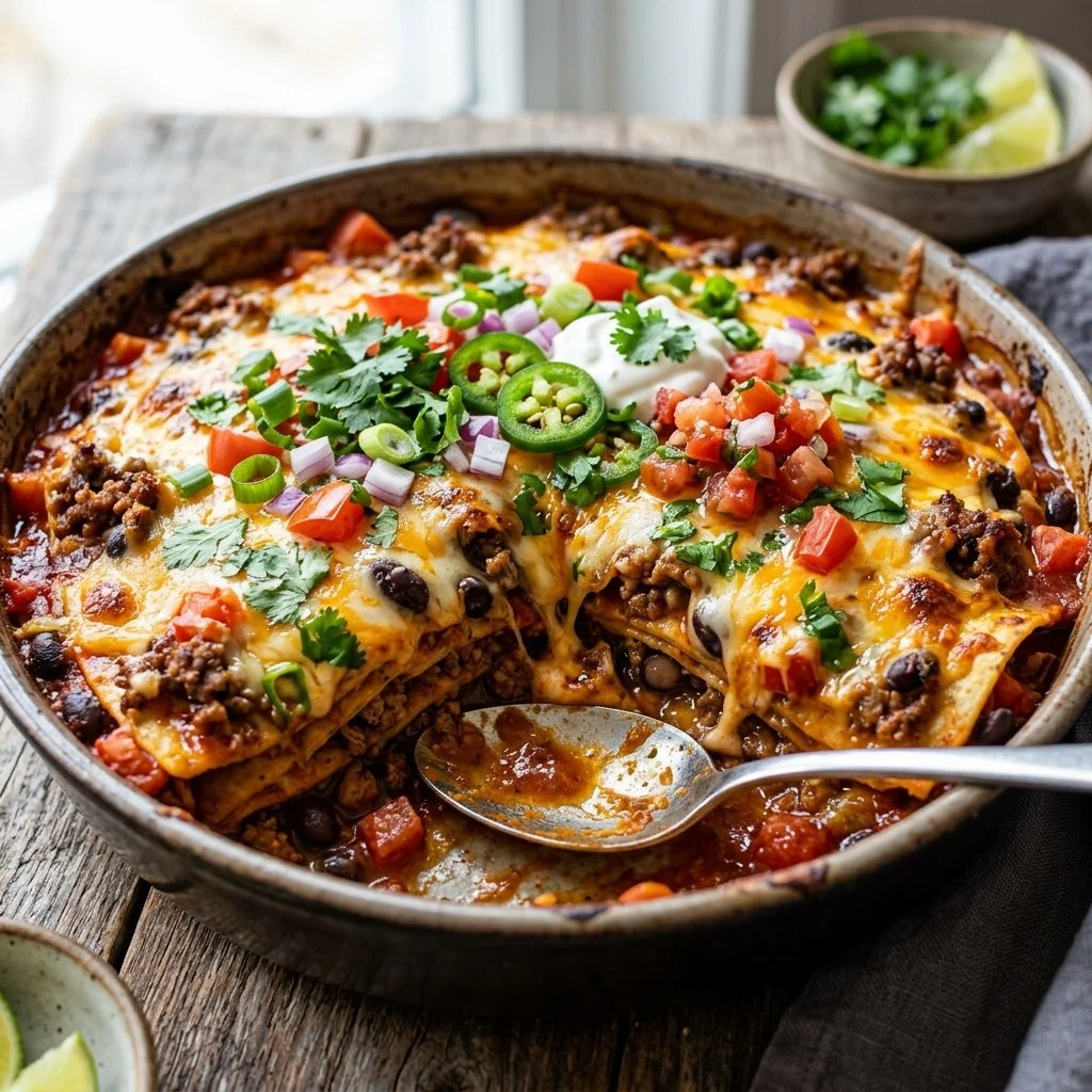 Delicious Taco Casserole baked with layers of taco flavors and cheese.