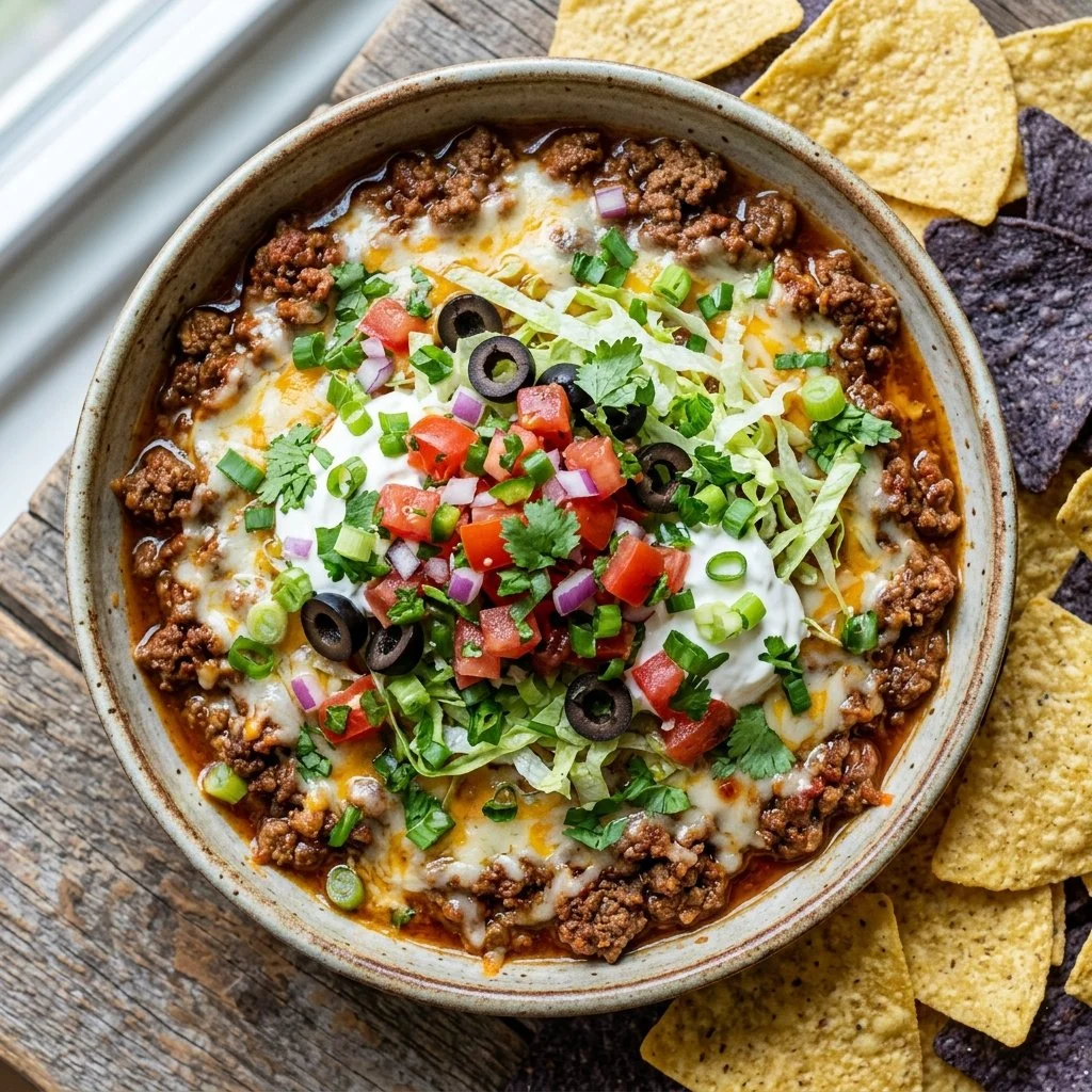 Delicious taco dip with meat in a serving dish garnished with toppings