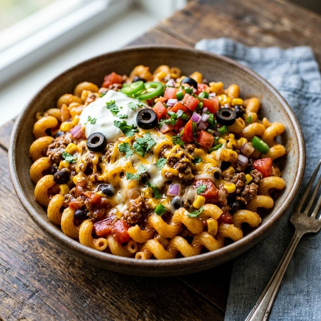 A bowl of colorful Taco Pasta topped with cheese and fresh herbs.