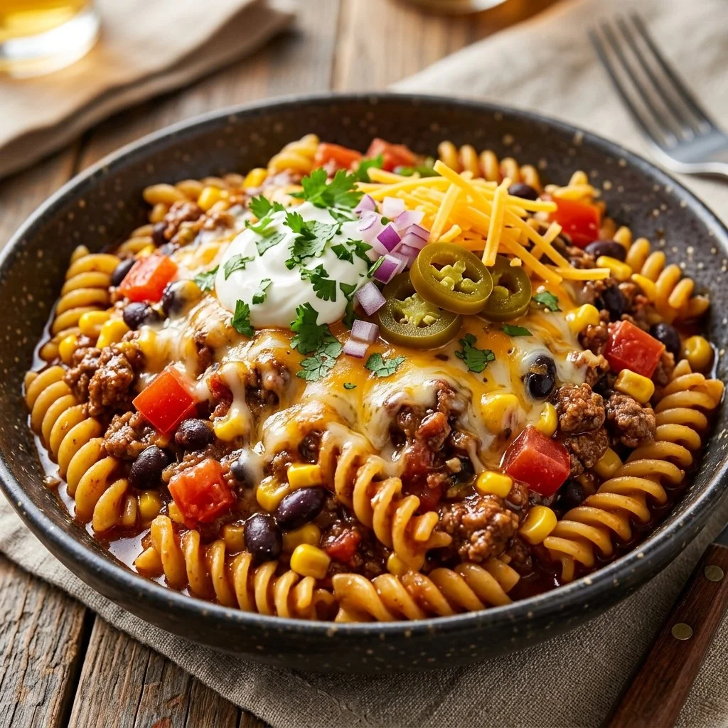 Delicious Taco Pasta served in a bowl with fresh toppings