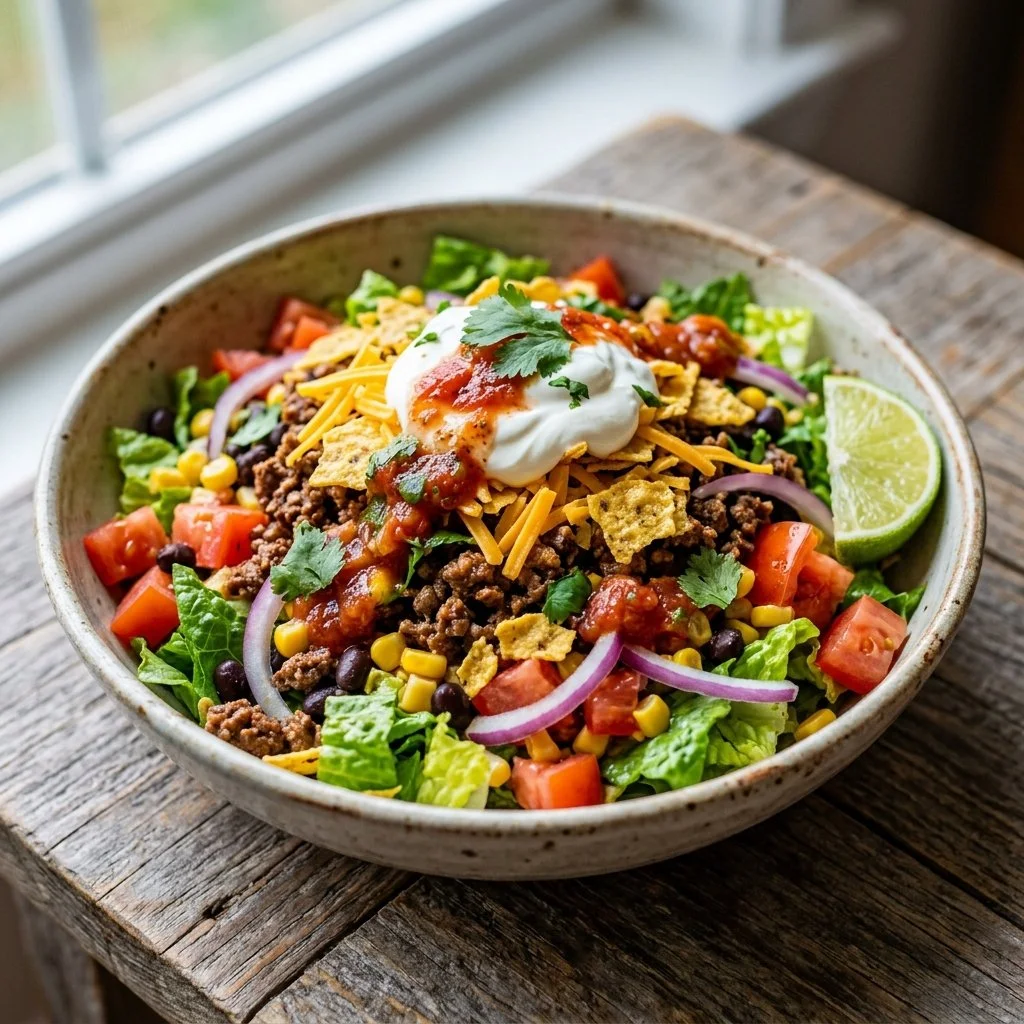 Colorful Taco Salad with Ground Beef, fresh veggies, and toppings in a bowl