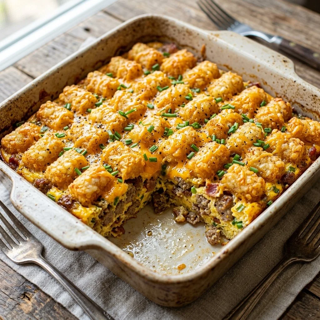 Tater Tot Breakfast Casserole baked with eggs, cheese, and crispy tater tots.