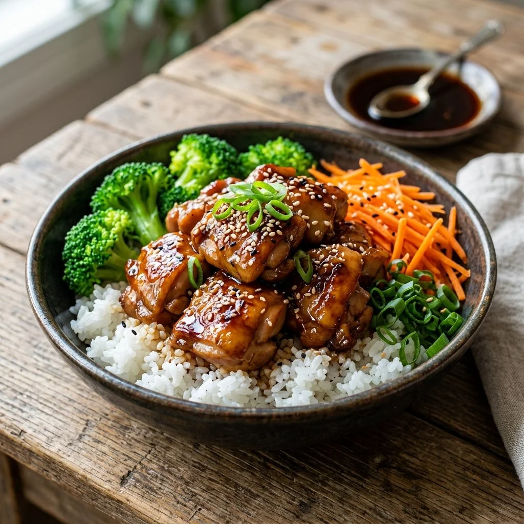 Delicious teriyaki chicken bowl with vegetables and rice